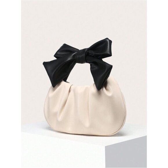 Women's Apricot PU Leather Ruched Hobo Handbag with Bow Top Handle and Zipper Cl - Picture 2 of 5
